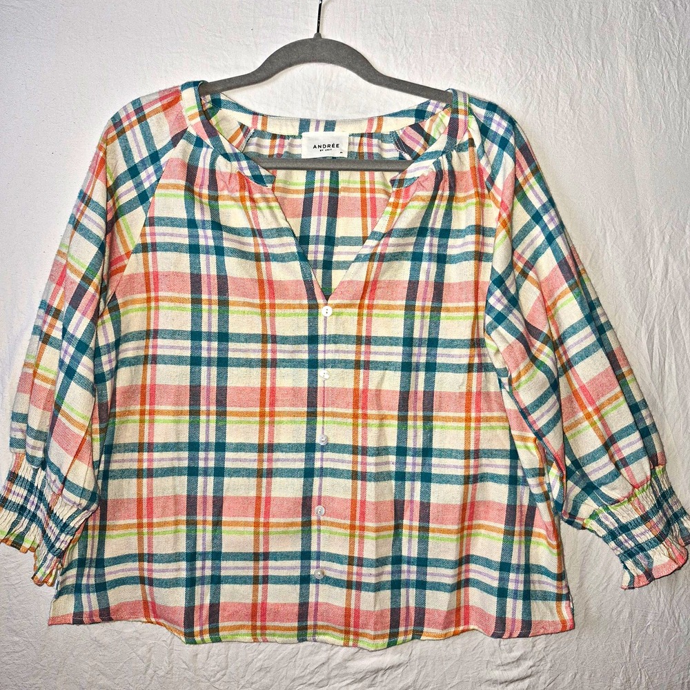 Andree By Unit Multicolor Plaid Woven Button Front V-Neck 3/4 Blouse Women's M